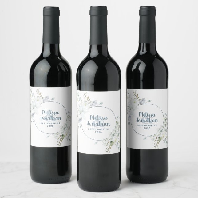Romantic watercolor white flowers wedding custom wine label (Bottles)