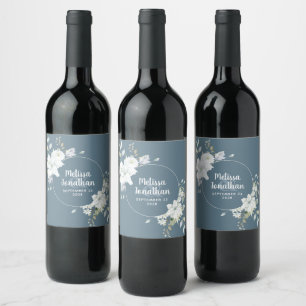 Romantic watercolor white flowers wedding custom wine label