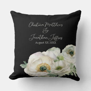 Romantic Watercolor White Ranunculus on Black Cushion