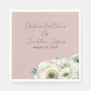 Romantic Watercolor White Ranunculus on Blush Pink Napkin