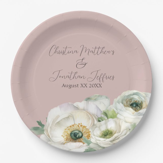 Romantic Watercolor White Ranunculus on Blush Pink Paper Plate (Front)