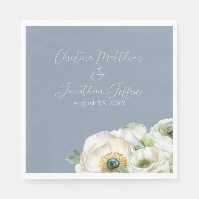 Romantic Watercolor White Ranunculus on Dusty Blue Napkin (Front)