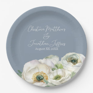 Romantic Watercolor White Ranunculus on Dusty Blue Paper Plate