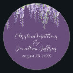Romantic Watercolor Wisteria on Dark Purple Classic Round Sticker<br><div class="desc">These romantic floral wedding stickers feature a dark purple with watercolor purple wisteria flowers.  A delicate vine of wisteria and greenery is pictured on the top.</div>
