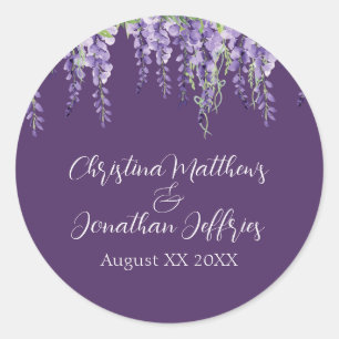 Romantic Watercolor Wisteria on Dark Purple Classic Round Sticker