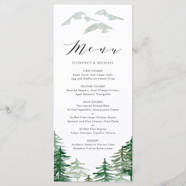 Romantic Watercolor Woodland Wedding Menu Card (Front)