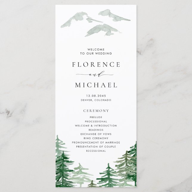 Romantic Watercolor Woodland Wedding Programme (Front)