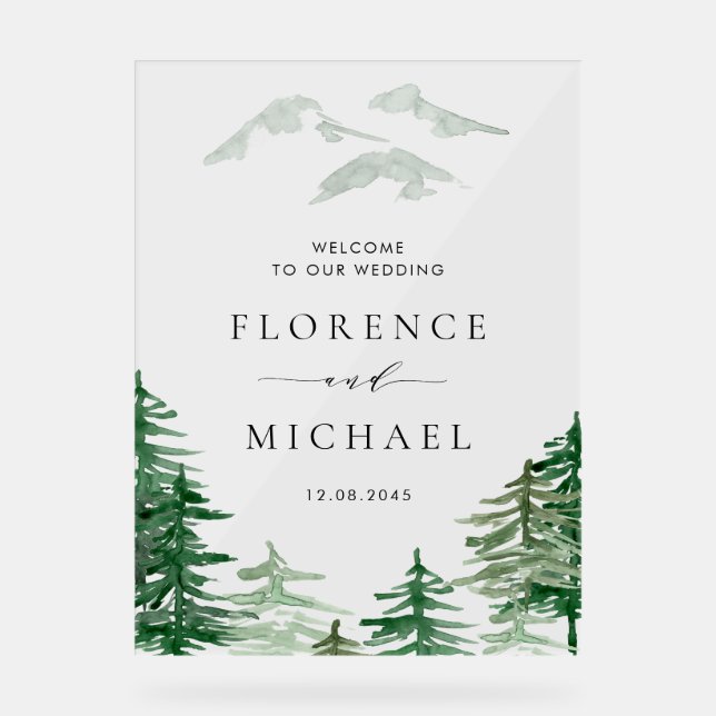 Romantic Watercolor Woodland Wedding Welcome Acrylic Sign (Front)