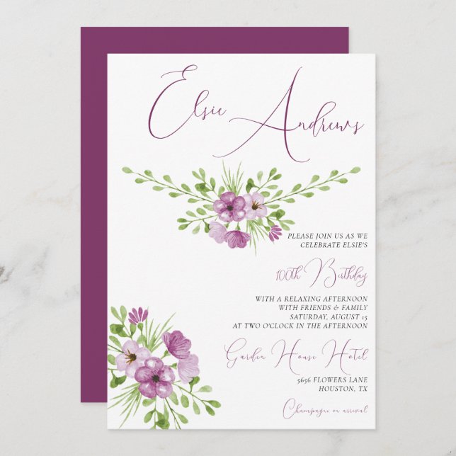 Romantic Watercolour Flowers 100th Birthday Invitation (Front/Back)