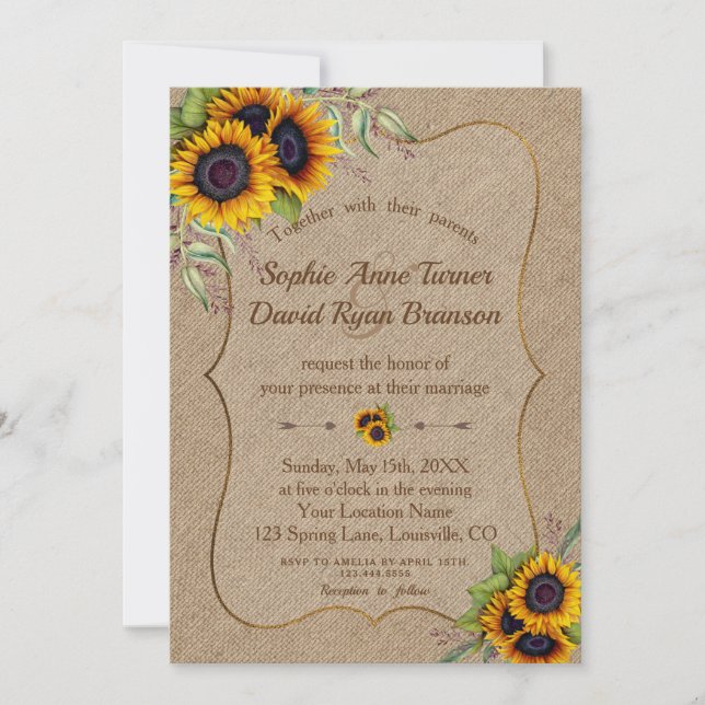 Romantic Watercolour Sunflowers Burlap Wedding Invitation (Front)
