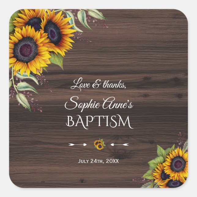 Romantic Watercolour Sunflowers Wood Baptism Square Sticker (Front)
