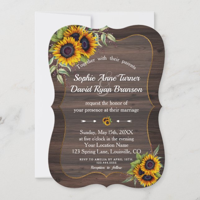 Romantic Watercolour Sunflowers Wood Wedding Invitation (Front)