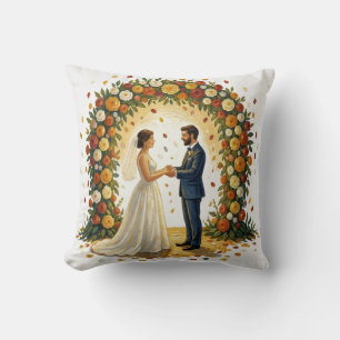 Romantic Wedding Arch Golden Roses Couple Cushion