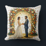 Romantic Wedding Arch Golden Roses Couple Cushion<br><div class="desc">Romantic oil painting of a joyful bride and groom standing hand in hand under a lush floral arch bursting with orange, yellow, white and red roses. Falling petals swirl around them in a dreamy golden light, creating a magical, swirling background inspired by Van Gogh. Bride in elegant white gown with...</div>