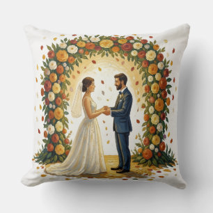 Romantic Wedding Arch Golden Roses Couple Cushion