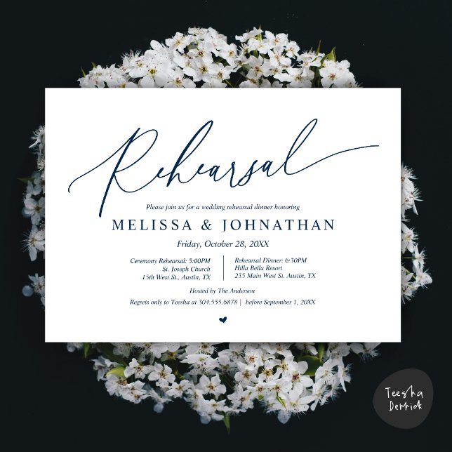 Romantic Wedding Ceremony and Dinner Rehearsal  Invitation (Romantic Wedding Ceremony and Dinner Rehearsal Invitation Card, PDF, Navy Blue)