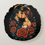 Romantic Wedding Couple Round Pillow<br><div class="desc">Elevate any living space with this beautiful round throw pillow, showcasing a heartwarming illustration of a wedding couple framed with delicate florals and symbolic wedding rings. Designed in a vibrant, semi-realistic vector art style, the centred composition and bold modern palette make it pop — whether displayed on a couch, bed,...</div>