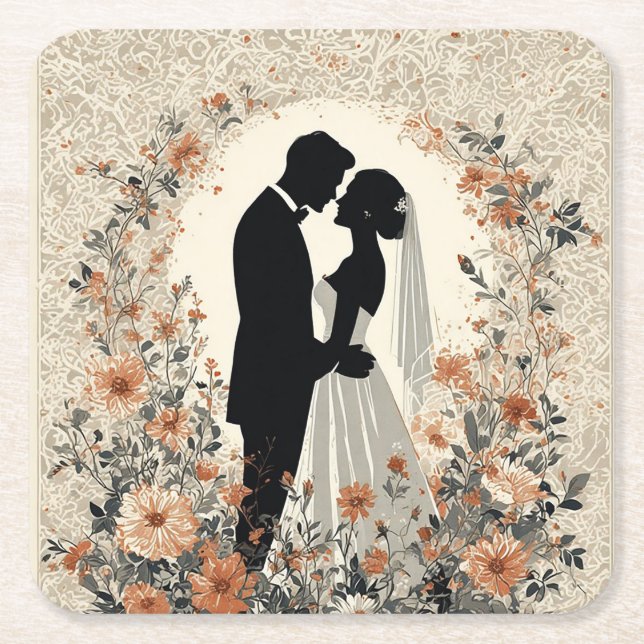 Romantic Wedding Couple Square Paper Coaster (Front)