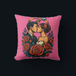 Romantic Wedding Couple Throw Pillow<br><div class="desc">Add a romantic touch to any space with this elegant wedding-themed throw pillow. Featuring a stunning 3D vector-style illustration of a loving couple, golden wedding rings, and delicate floral elements — this pillow is both emotionally engaging and artistically bold. Crafted with soft, high-quality materials, this throw pillow makes the perfect...</div>