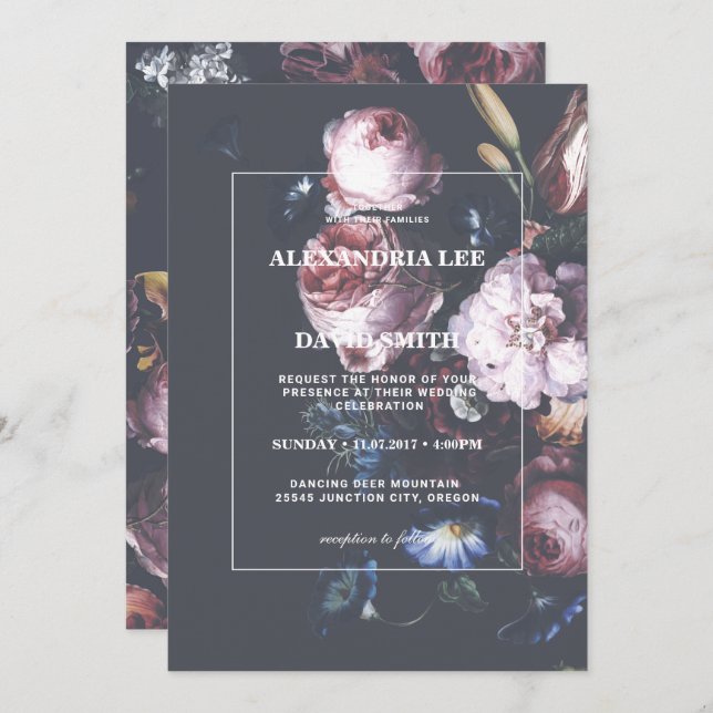 Romantic Wedding Dark Black Moody Pink Florals Invitation (Front/Back)