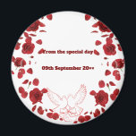 Romantic Wedding Date Magnet – Red Roses & Doves D<br><div class="desc">Celebrate your special day with this elegant round fridge magnet featuring a romantic design of red roses and doves. Perfect as a wedding favour or keepsake,  it showcases the message "From the special day" and a customisable wedding date. A lovely reminder of a moment filled with love and commitment</div>