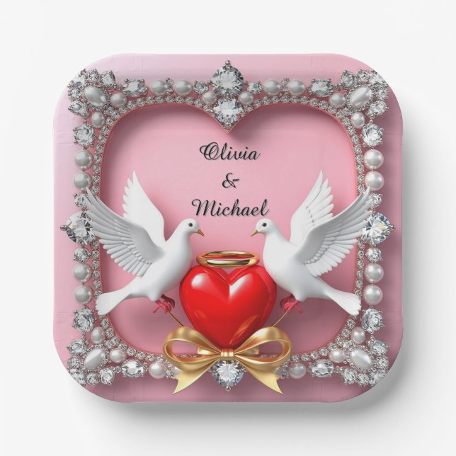 Romantic Wedding Heart Frame with Doves Paper Plate (Front)