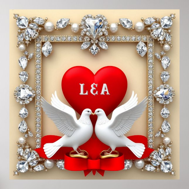Romantic Wedding Heart Frame with Doves Poster (Front)