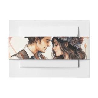 Romantic wedding heart watercolor couple invitation belly band