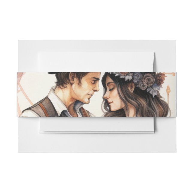 Romantic wedding heart watercolor couple invitation belly band (Front Example)