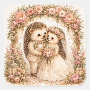 Romantic Wedding Hedgehogs Watercolor Art Square Sticker