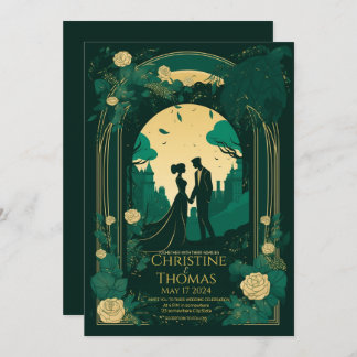 Romantic wedding invitation Emerald Green and Gold