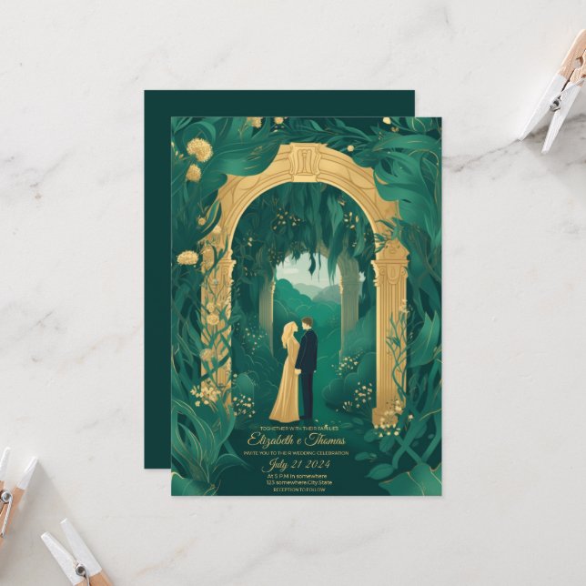Romantic wedding invitation Emerald Green and Gold (Front/Back In Situ)