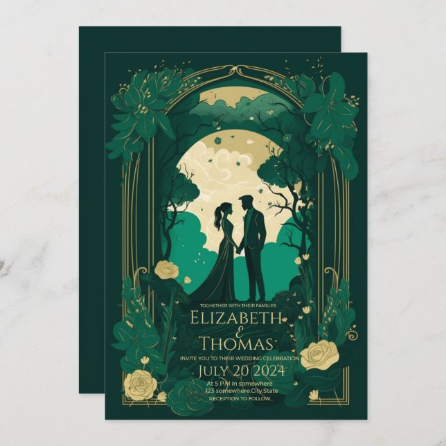 Romantic wedding invitation Green Emerald and Gold (Front/Back)