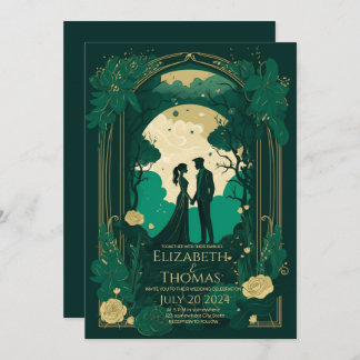 Romantic wedding invitation Green Emerald and Gold