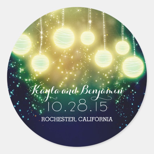 romantic wedding lanterns teal classic round sticker (Front)