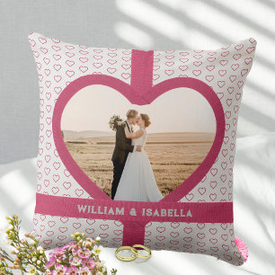 Romantic Wedding Love Photo Ribbon Heart Grey Cushion