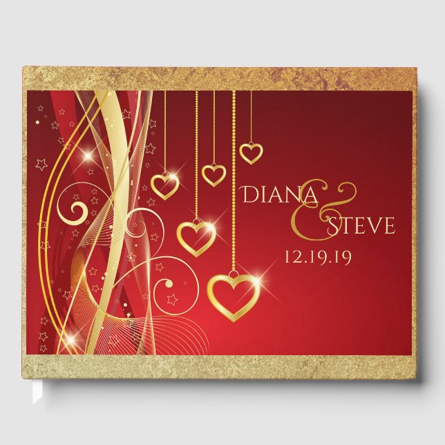 Romantic Wedding Monogram | Red Gold Hearts Guest Book (Front)