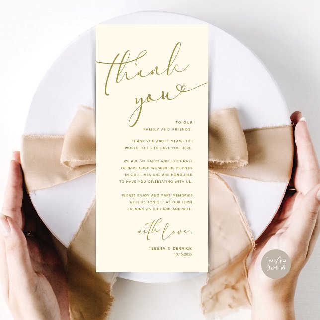 Romantic Wedding Place Setting Thank You Card (Romantic Wedding Dinner Lunch Brunch Party Place Setting Thank You Card Yellow Gold)