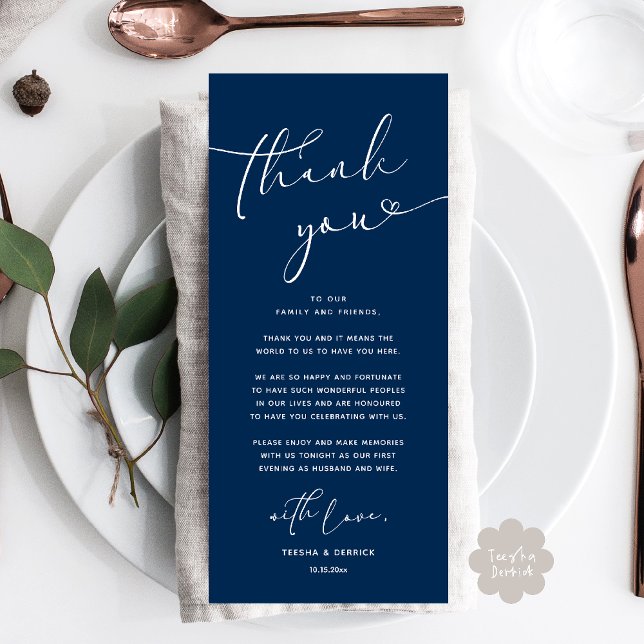 Romantic Wedding Place Setting Thank You Card (Romantic Wedding Dinner Lunch Brunch Party Place Setting Thank You Card Navy Blue)
