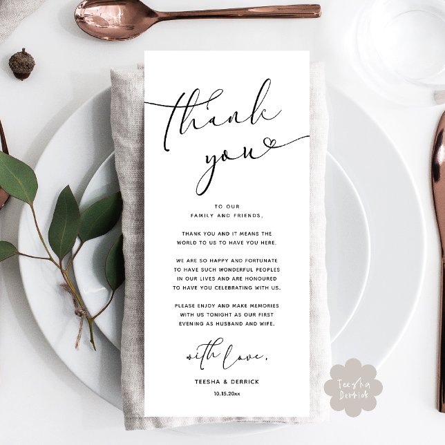 Romantic Wedding Place Setting Thank You Card (Romantic Wedding Dinner Lunch Brunch Party Place Setting Thank You Card black white)