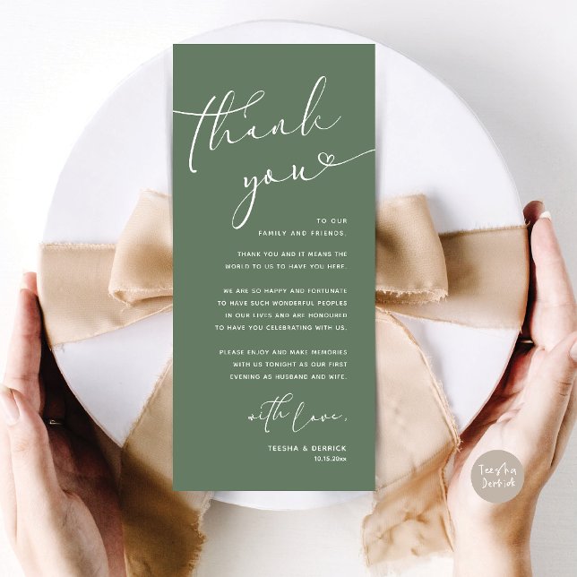 Romantic Wedding Place Setting Thank You Card (Romantic Wedding Dinner Lunch Brunch Party Place Setting Thank You Card Sage Green)
