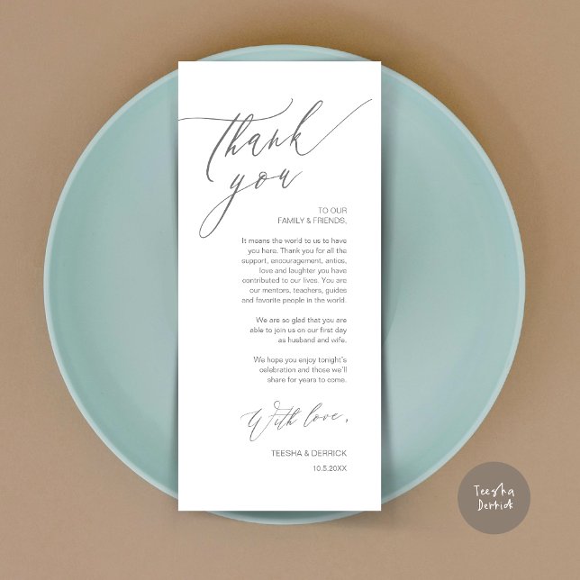 Romantic Wedding Place Setting Thank You Card (Romantic Wedding Dinner Place Setting Thank You Card, in Dark Grey)