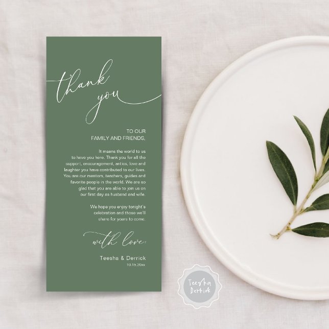 Romantic Wedding Place Setting Thank You Card (Modern Romantic Wedding Lunch, Brunch, Dinner Place Setting Thank You Card, in Forest Sage Green)