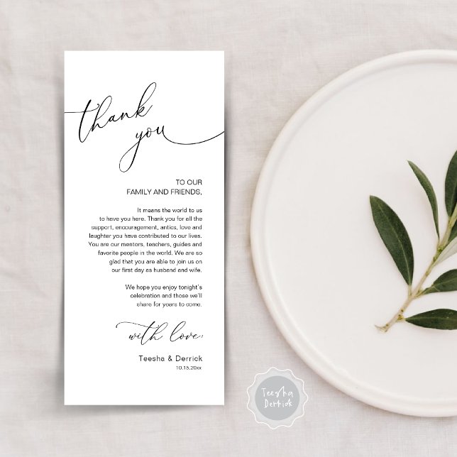 Romantic Wedding Place Setting Thank You Card (Modern Romantic Wedding Lunch, Brunch, Dinner Place Setting Thank You Card, in Black and White)