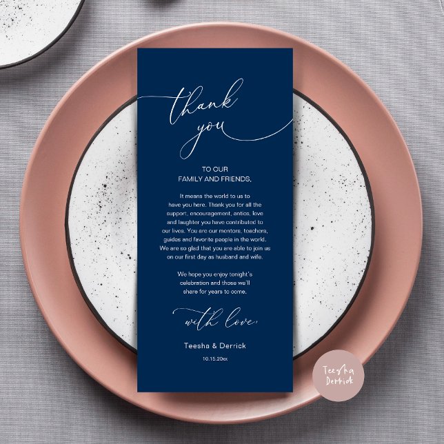Romantic Wedding Place Setting Thank You Card (Modern Romance Wedding Dinner, Lunch and Brunch Place Setting Thank You Card, in Navy Blue)