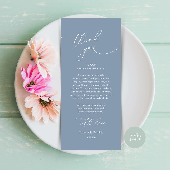 Romantic Wedding Place Setting Thank You Card (Modern Romance Wedding Dinner, Lunch and Brunch Place Setting Thank You Card, in Dusty Blue)