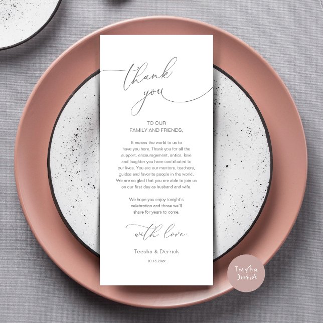 Romantic Wedding Place Setting Thank You Card (Modern Romance Wedding Dinner, Lunch and Brunch Place Setting Thank You Card, in Dark Grey)