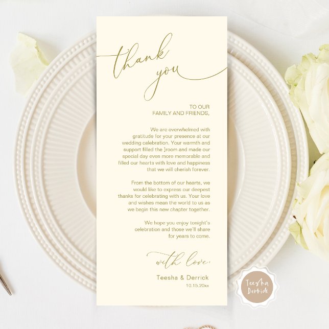 Romantic Wedding Place Setting Thank You Card (Wedding Dinner Place Setting Thank You Card, Modern Romantic Script, in Classy Gold)