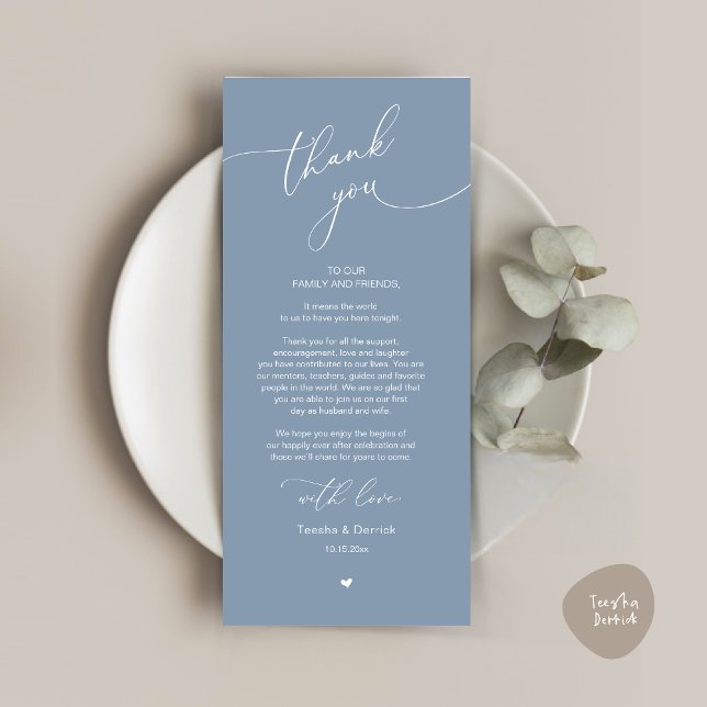 Romantic Wedding Place Setting Thank You Card (Modern Romantic Wedding Dinner Place Setting Thank You Card, Plate Decor, in Dusty Blue)