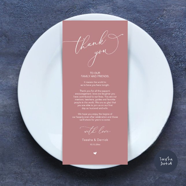 Romantic Wedding Place Setting Thank You Card (Modern Romantic Wedding Dinner Place Setting Thank You Card, Plate Decor, in Dusty Rose Pink)